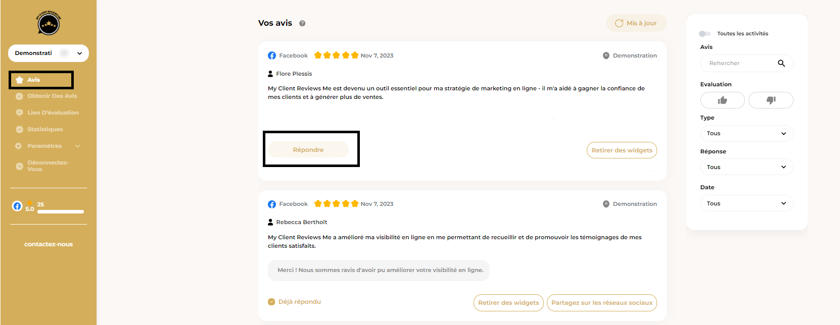 My Client Reviews Me gestion des Avis